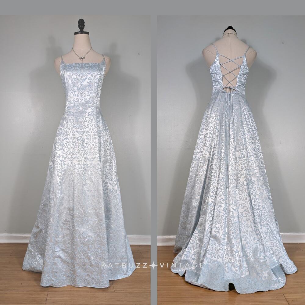 Vintage Prom Dress Maxi Gown 8 Blue Fairy Princess Corset 90s Y2K Floral Pastel